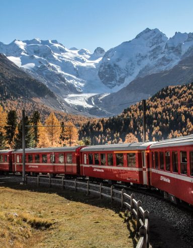 Tren rojo serpenteando entre árboles y montañas nevadas.